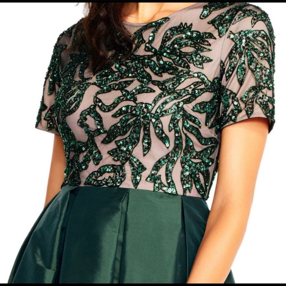 Adrianna Papell Beaded Mesh & Taffeta Emerald Gown